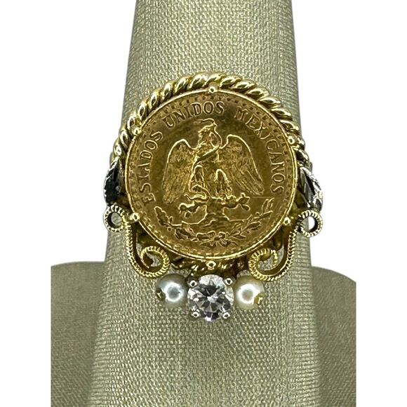 14K Yellow Gold Ring with Dos Peso Gold Coin, .12cttw Diamond & Pearls (7594) - Picture 1 of 8